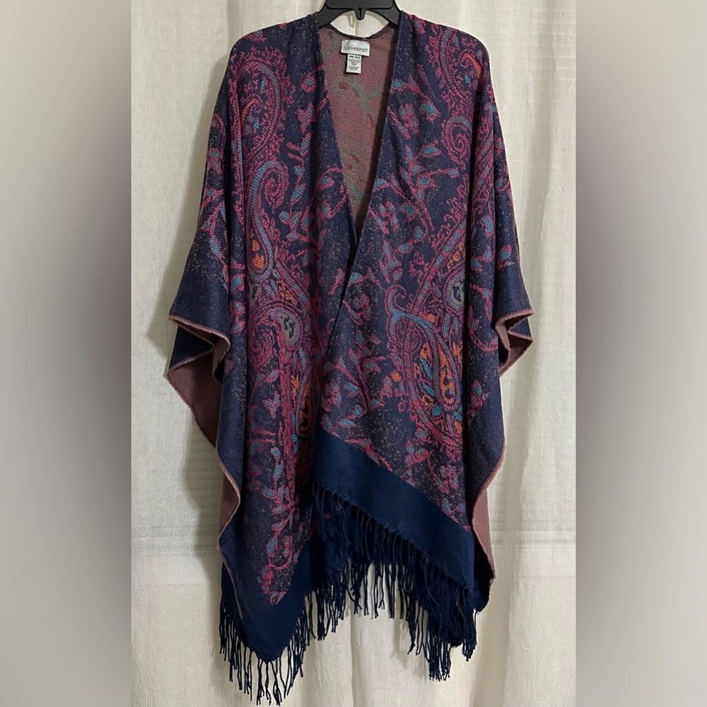 CATHERINES OS Navy Fuchsia Blue Orange Paisley Knit Tasseled Poncho Wrap
